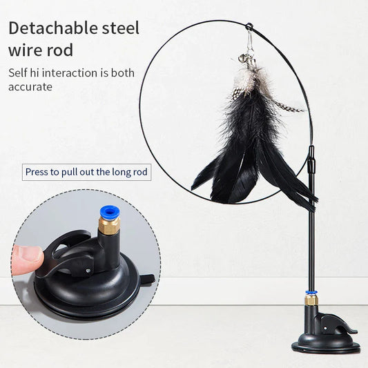 Interactive Handfree Cat Toy – Feather Teaser Wand with Suction Cup for Kitten Play