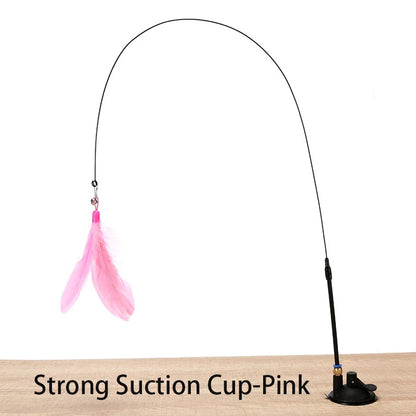 Interactive Handfree Cat Toy – Feather Teaser Wand with Suction Cup for Kitten Play