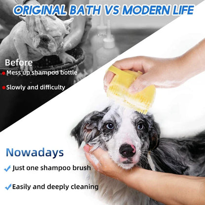 Pet Shampoo Brush with Dispenser – 2-in-1 Silicone Bath & Grooming Comb for Dogs and Cats