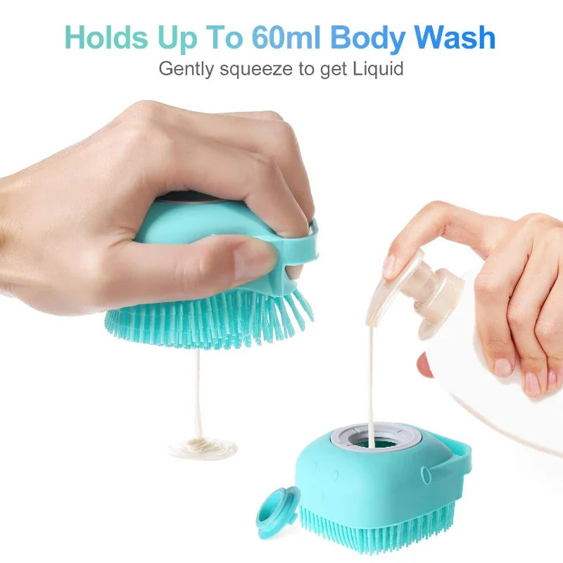 Pet Shampoo Brush with Dispenser – 2-in-1 Silicone Bath & Grooming Comb for Dogs and Cats