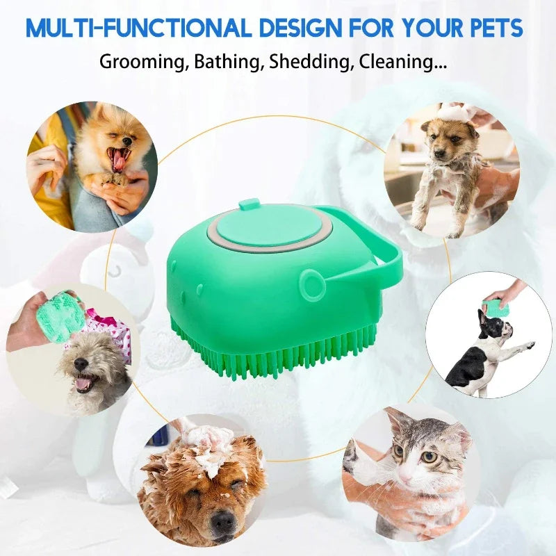 Pet Shampoo Brush with Dispenser – 2-in-1 Silicone Bath & Grooming Comb for Dogs and Cats